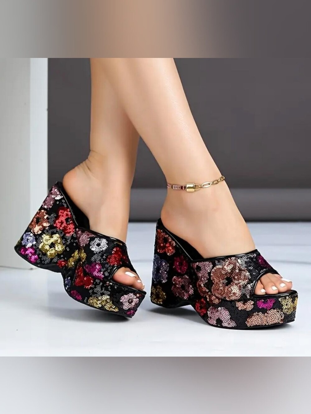 Black Sequin Floral Platform Mules for Women